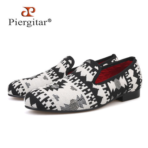Piergitar 2019 New black and white cotton fabric men loafers retro style handmade men smoking slippers plus size male's flats 2022 - buy cheap
