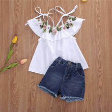 Conjunto de roupas florais branco para meninas, roupas fashion de verão para crianças 1-6 anos, vestido de alça sem mangas + shorts jeans 2024 - compre barato