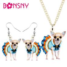 Bonsny-Conjunto de joyería para niños y niñas, conjunto de collar y pendientes con diseño de perro Chihuahua, vestido azul acrílico, bonito regalo de fiesta 2024 - compra barato