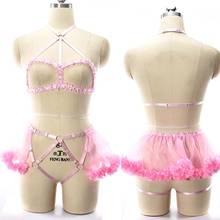Wholesale 2pcs Pink Mesh Perspective Wedding Body Harness Set Body Cage Bra Garters Belt Lace skirt Sexy Lingerie Harness 2024 - buy cheap