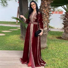 Eightale árabe marrocos kaftan vestidos de noite dubai veludo caftan borgonha com decote em v apliques manga longa kaftan baile de formatura vestido de festa 2024 - compre barato