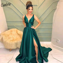 Dark Green V-Neck Sleeveless A-Line Evening Dress High Split Simple Satin Long Dubai Arabic Formal Evening Party Dresses 2024 - buy cheap