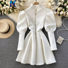 2021 New Spring Autumn Women Dress Zipper Fashion Puff Sleeve High Waist Mini Dress Ladies Elegant Turtleneck Slim Party Dress 2024 - buy cheap