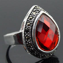nice design lady's 925  SILVER 25*20mm FACETED RED  MARCASITE DROP RING SIZE 7/8/9/10 2024 - buy cheap