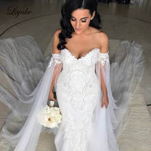Liyuke j79 vestido de noiva pequena de tule, sem alças, sereia, vestido de casamento com renda longa estilo imperial, cintura, ombro de fora, vestido de noiva 2024 - compre barato