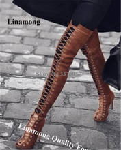 Linamong-Botas de gladiador con tacón de aguja por encima de la rodilla, botines largos de ante, con cordones, recortados, color marrón y negro 2024 - compra barato