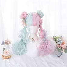 Lolita 57CM Lolita Makaron Pink Mixed Mint Green Blue Ombre Long Curly Bangs Cute Synthetic Cosplay Wig With Buns + Wig Cap 2024 - купить недорого
