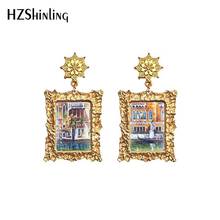 Antique Gold Dangle Earrings Europe Greece-style architectural landscape retro oil Building painting Glass Cabochon Jewelry 2024 - buy cheap