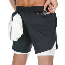 Pantalones cortos 2 en 1 para hombre, Shorts deportivos para correr, de doble capa con bolsillo incorporado, Bermudas de entrenamiento de secado rápido, ropa de Fitness para gimnasio, color negro 2024 - compra barato