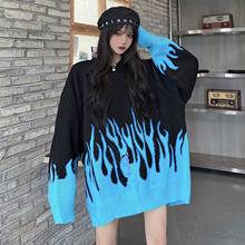 Sweater Women Streetwear Retro Flame Pattern Hip Hop Autumn New Pull Over Spandex O-neck Oversize Casual Women's Sweaters 2024 - buy cheap