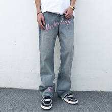 Shinny calça jeans masculina de alta ruído, calça de jeans lavada com bordado de letras rosa de grande dimensão calças de brim retrô baggy 2024 - compre barato