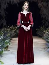 2022 New Burgundy Evening Dresses Long Sleeves Velour Vintage Tassel Beading A-Line Wedding Party Formal Prom Gowns Elegant 2024 - buy cheap