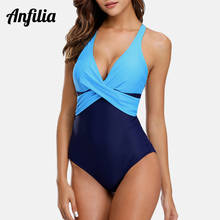 Anfilia Women One-piece Swimwear Colorblock Swimsuit Cross Front Bathing Suit Patchwork Beachwear Monokini 2024 - buy cheap