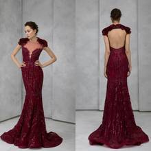 Burgundy Evening Dresses Lace Appliqued Sequined Backless Mermaid Prom Dress Sweep Train Formal Party Gowns Robes De Soirée 2024 - buy cheap
