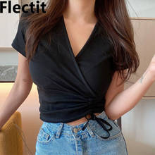 Flectit-Top fruncido envolvente para mujer, Camiseta de algodón suave ajustada de manga corta con cordón, ropa informal de verano 2024 - compra barato