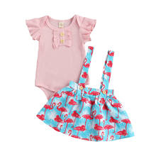 2Pcs Toddler Summer Outfits  Solid Color Short Sleeves Romper + Flamingo Print Suspenders Dress for Baby Girls  0-24 Months 2024 - buy cheap