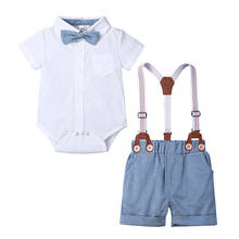 Toddler Baby Boys Set Summer Gentleman Bow tie Short Sleeve White Blue Rompers Shirt+Overalls Shorts Sets Clothing Infant Suit 2024 - buy cheap
