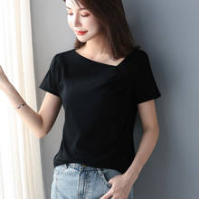 Camiseta feminina de algodão skew, camiseta feminina cor sólida e manga curta 2024 - compre barato