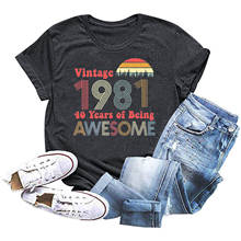 Camiseta feminina casual estampada com 1981 letras, gola redonda, manga curta, top лки q5 2024 - compre barato