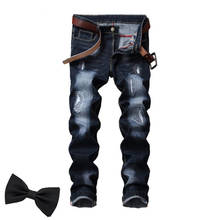 Calça jeans masculina clássica rasgada, slim, riscado, casual, calça em jeans, masculina 2024 - compre barato