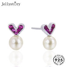 Jellystory-pendientes de plata de ley 925 con perla en forma de corazón, amatista, piedras preciosas, joyería fina, cierre de tuerca, para mujer, boda 2024 - compra barato