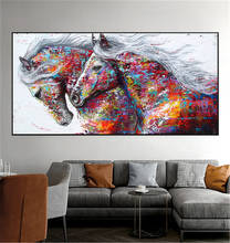 Carteles coloridos en lienzo de dos caballos corriendo, pinturas al óleo de animales artísticos en la pared, carteles e impresiones abstractas para decoración del hogar 2024 - compra barato
