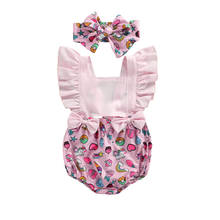 0-24m Infant Girls Romper Bow Headband Flower Print Pattern Ruff Jumpsuits For Newborn Girls Summer Pink Princess Playsuits 2024 - buy cheap