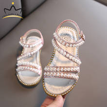 Sandalias de cuero para niñas, zapatos de verano con perlas brillantes, de princesa rosa y dorada, novedad 2024 - compra barato