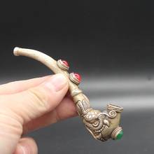 Sartenes de plata tibetana china y cabeza de dragón de cobre con incrustaciones de piedras preciosas rojas y verdes, tabaco antiguo, 3 estilos 2024 - compra barato