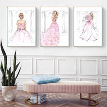 Watercolor Fashion Girl Pink Rose Wedding Dress Wall Art Canvas Painting Nordic Posters And Prints Wall Pictures For Living Room 2024 - buy cheap