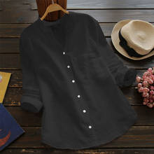 Camiseta informal de lino y algodón para mujer, blusa lisa de manga larga con cuello de pico, Tops informales con botones 2024 - compra barato