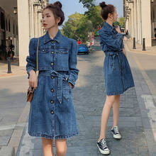 Spring Autumn New Denim Long Sleeve Dress Female Fashion Lapel Single Breasted Belted High Waist Mini Length A-line Dress Y1010 2024 - buy cheap