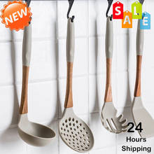 Conjunto de ferramentas de cozinha de silicone + madeira conjuntos de utensílios de cozinha utensílios de cozinha colher de sopa espátula coador coador 2024 - compre barato