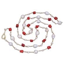 GG Jewelry Natural Red Coral White Keshi Baroque Freshwater Cultured Pearl Sweater chain Necklace Handmade Cute For Women 2024 - buy cheap