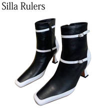 2020 Winter Square Toe Ankle Boots For Woman High Heels Genuine Leather Belt Short Boots Woman Mixed Color Ladies Chelsea Boots 2024 - buy cheap