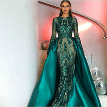 Sparkly Sequin Evening Dress Long Sleeves Detachable Train Saudi Arabic Green Formal Prom Evening Gown Robe De Soiree 2020 2024 - buy cheap