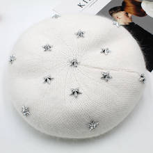 Moda nova mulher angora coelho cor sólida boina feminino bonnet bonés inverno tudo combinado quente andando hat com estrelas gj2088 2024 - compre barato