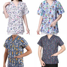 2XL Scrub Tops Pattern Printed V-Neck Shorts Sleeve Pocket T-shirts Beauty Salon Spa Uniform Shirts Cotton Working Clothes 2024 - buy cheap