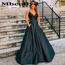 Mbcullyd Black Satin V Neck Evening Dresses Long 2020 Elegant Sweep Train Formal Dress For Prom With Pocket Robe De Soiree 2024 - buy cheap