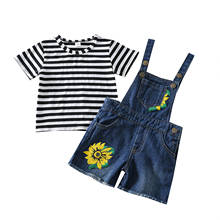 2021 Fashion Toddler Baby Girls Summer Clothing Set Stripe Print Short Sleeve T shirt Tops Sunflowers Denim Overalls Shorts 2024 - buy cheap