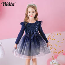 VIKITA Long Sleeve Dress for Kids Girls Bow-knot Dress Autumn Shiny Sequined Dresses Party Princess Dresses Children Clothing 2024 - купить недорого