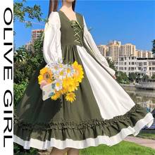 Kawaii Japanese Sweet Soft Girl Green Lolita Dress Sailor Collar Contrast Cross Bandage Bow Cute Ruffles Lantern Sleeve Dresses 2024 - buy cheap