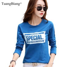 Ladies Blue Letter Fashion O-Neck Cotton T-shirts Women Long sleeve 2022 New Spring Loose T shirts Soft Yellow Green Winter Tops 2024 - buy cheap