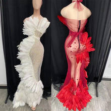 White Red Feather Mesh Transparent Wedding Party Long Dress Women Sexy Prom Halter Rhinestones Outfit Singer Show Stage Costume 2024 - buy cheap