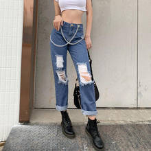 Jeans rasgado para mulheres verão cintura alta streetwear vintage, jeans reto com buraco cruz de corrente, calça jeans 2021 2024 - compre barato