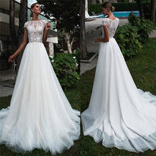 O-Neck Lace Appliques Tulle Wedding Dresses Short Sleeves With Buttons Back Bridal Gowns Custom Made Long Beach Wedding Wear 2024 - buy cheap