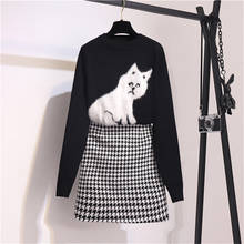 Two Piece Women Set Faux Fur Cat Patchwork Knitted Sweater + High Waist Houndstooth Tweed Mini Skirt Set Spring Sets Women 2024 - buy cheap