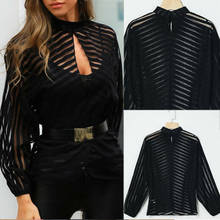Сексуальные черные женские рубашки с длинным рукавом, сетчатая блузка из газовой сетки, Прозрачная женская рубашка с длинным рукавом, черная ажурная рубашка спереди 2024 - купить недорого