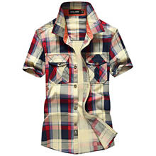Рубашка мужская повседневная в клетку, хлопковая дышащая брендовая сорочка с короткими рукавами, стиль милитари, размер S-4XL, на лето 2024 - купить недорого