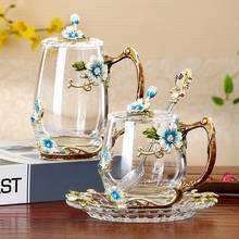Taza de café esmaltada con platillo para el hogar, tazas de vidrio de flores para té, bebidas calientes y frías, cuchara 2024 - compra barato